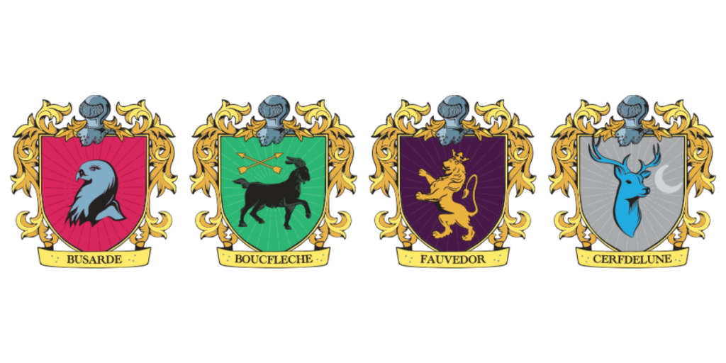 Image of the coats of arms of the different families of the New School of Sorcerers - Le Rocher Portail. From left to right, the BUSARDE house, the BOUCFLECHE house, the FAUVEDOR house and the CERFDELUNE house.